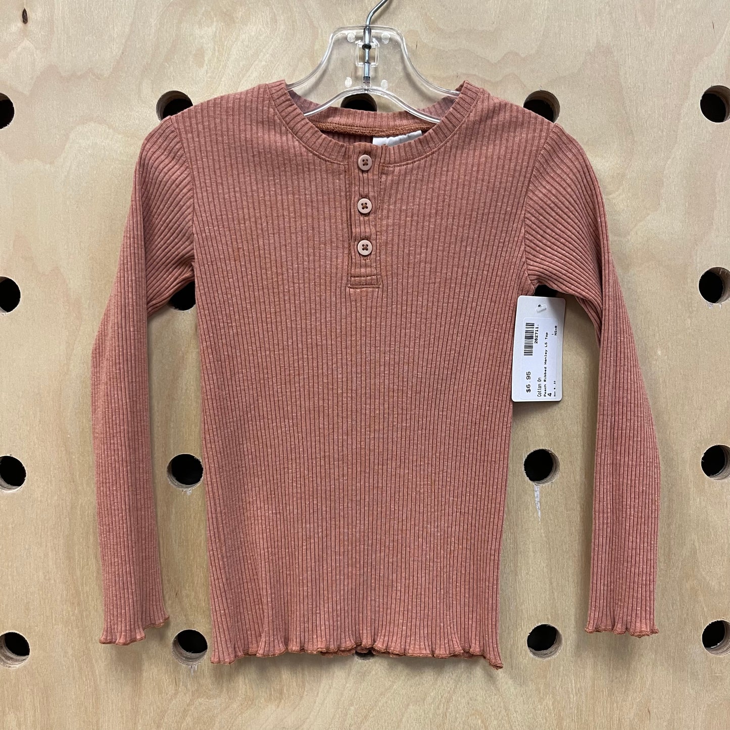 Peach Ribbed Henley LS Top