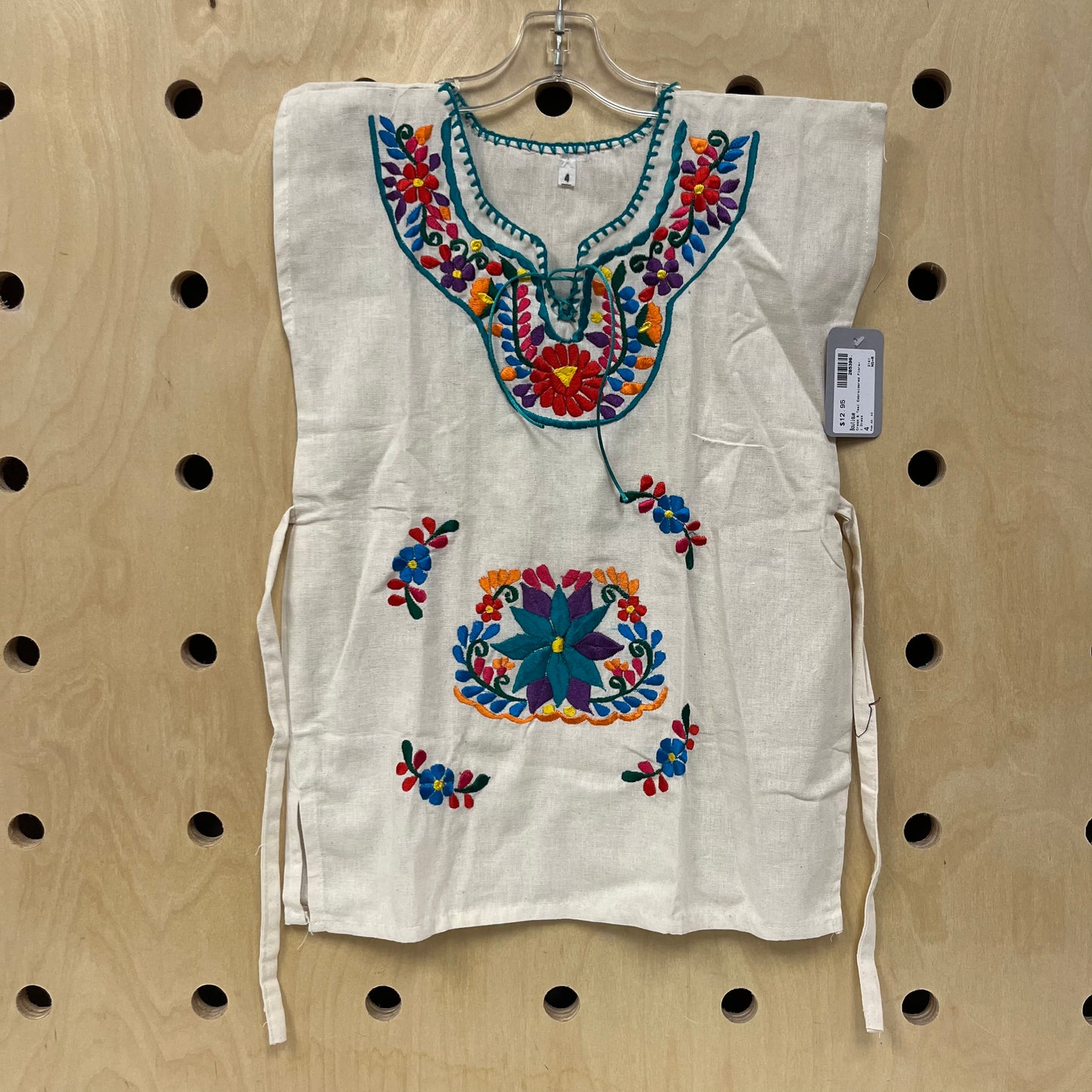 Cream & Teal Embroidered Floral Dress