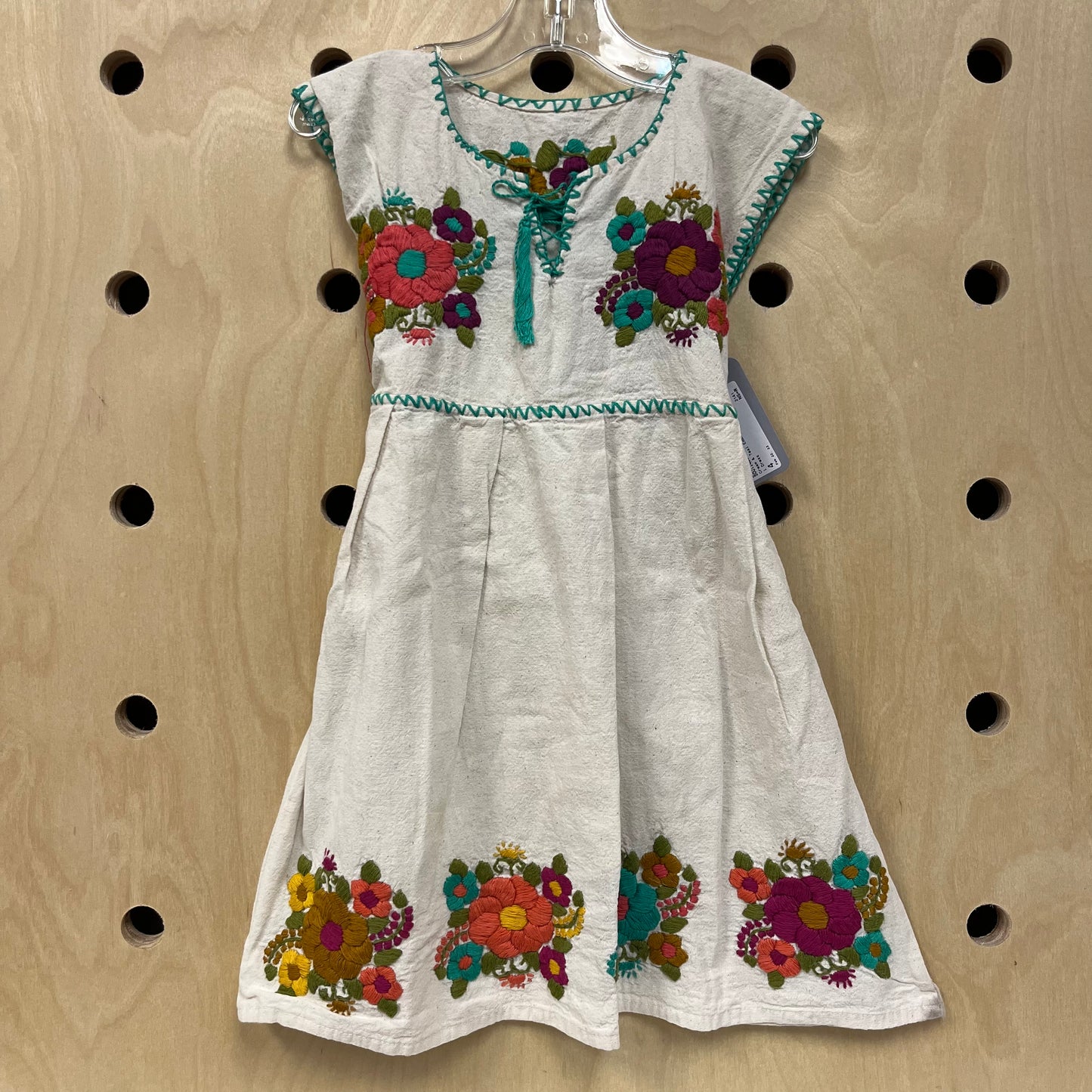 Cream & Teal Embroidered Floral Dress