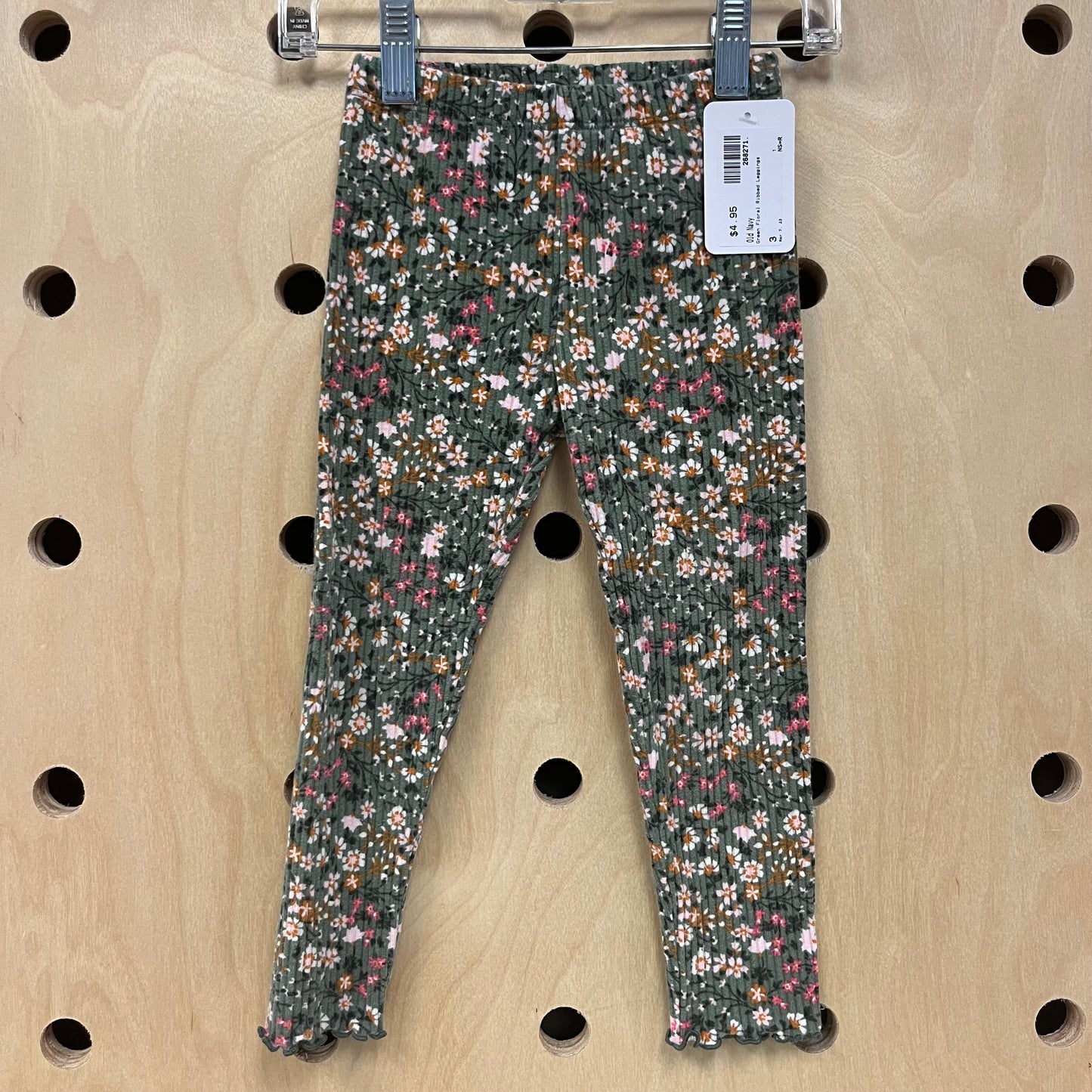 Green Floral Ribbed Leggings