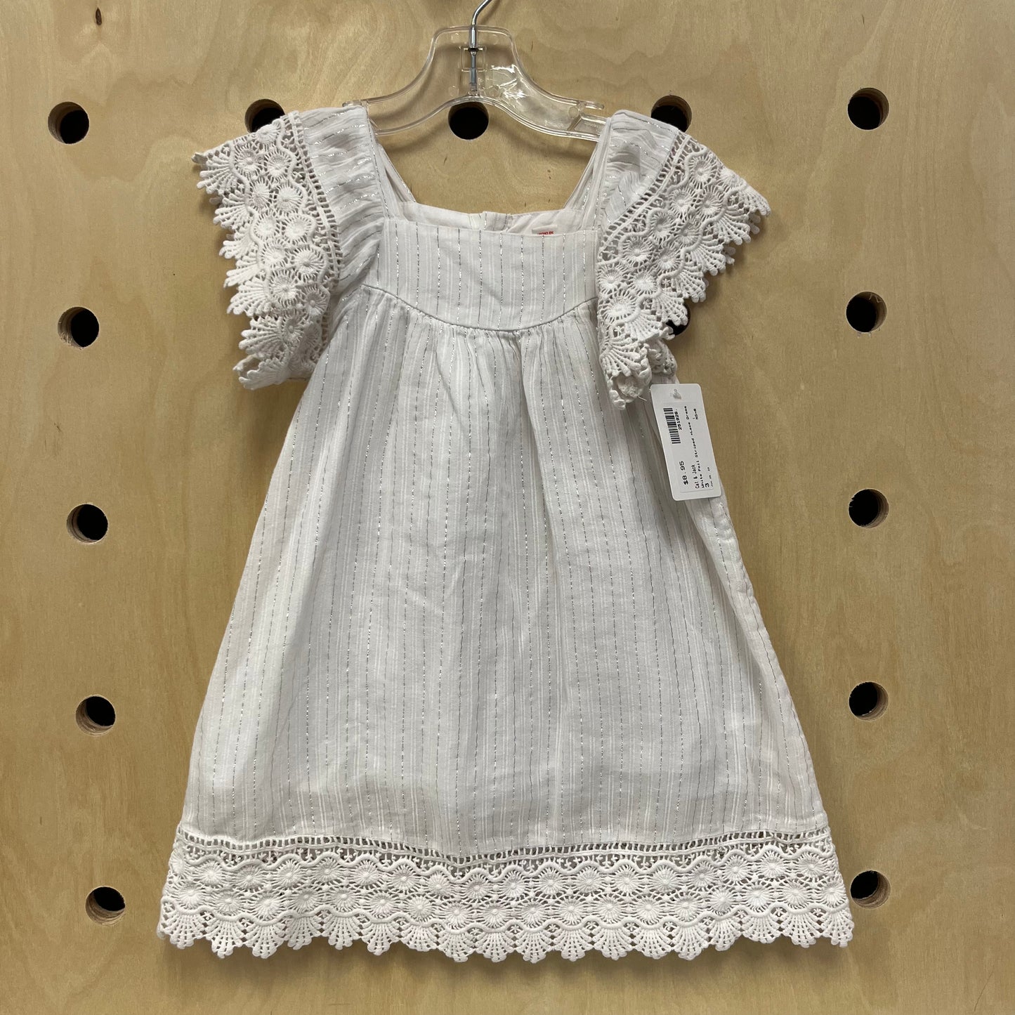 White Foil Striped +Lace Dress