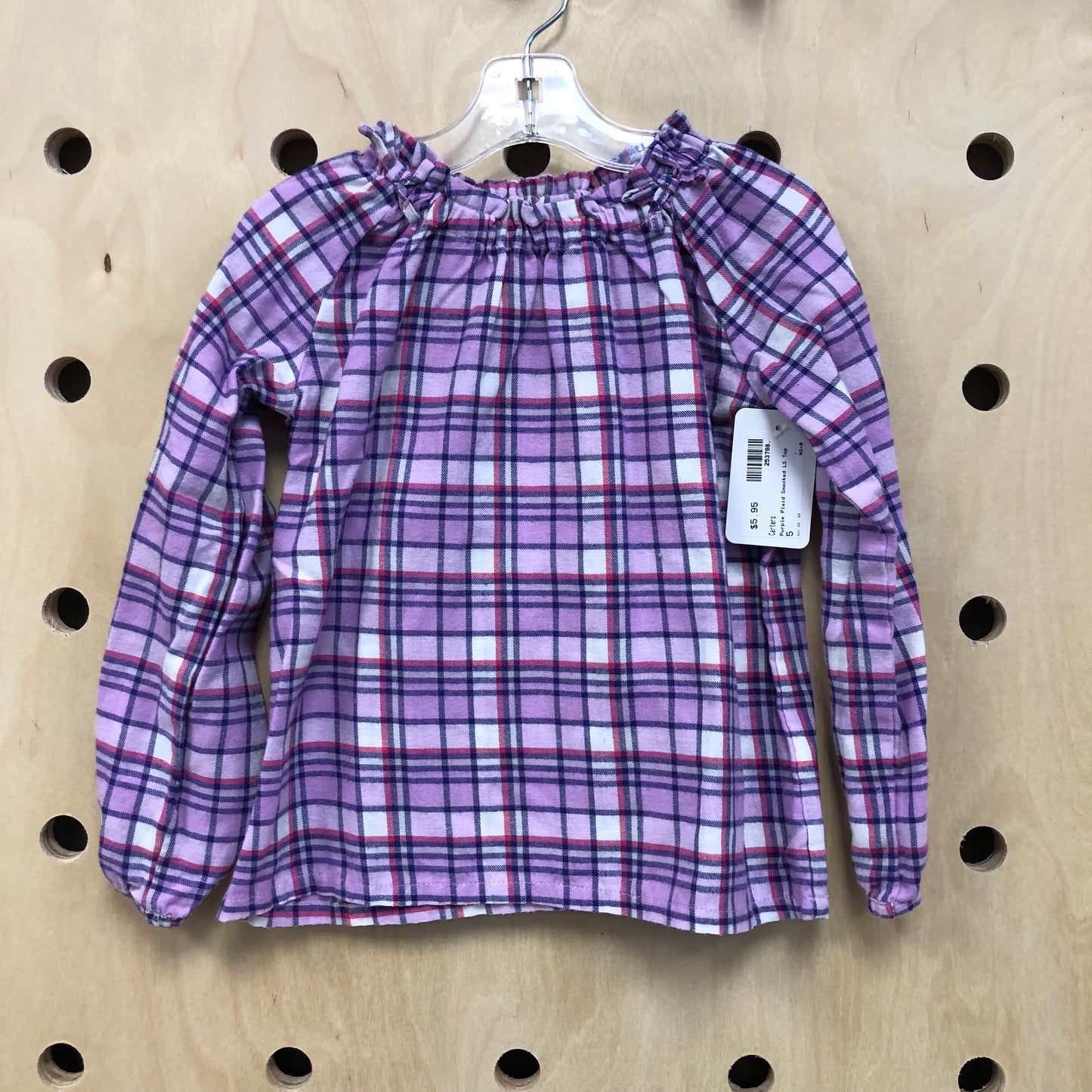 Purple Plaid Smocked LS Top