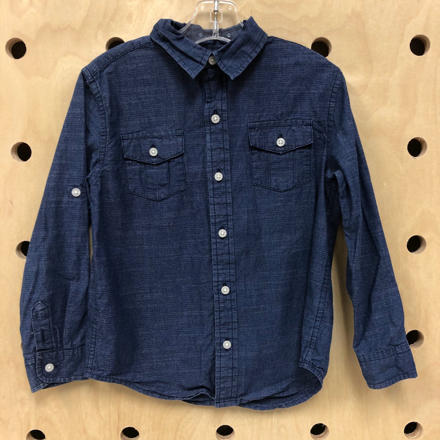 Navy Striped LS Button Up