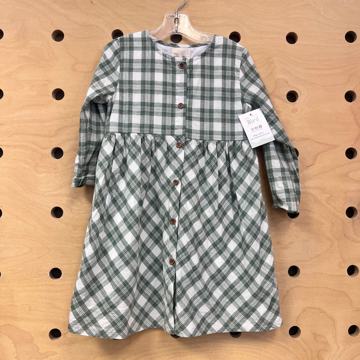 Green & Cream Plaid Button Dress