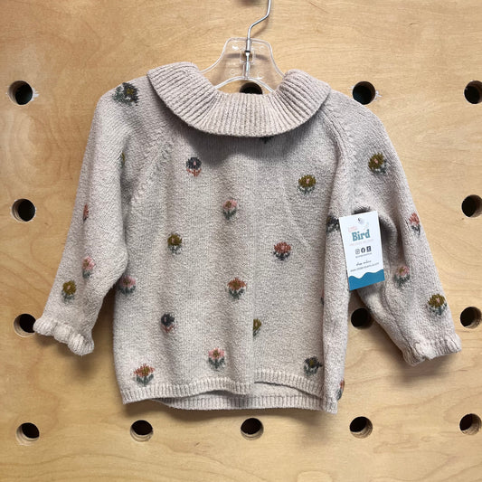 Beige Floral Knit Collared LS