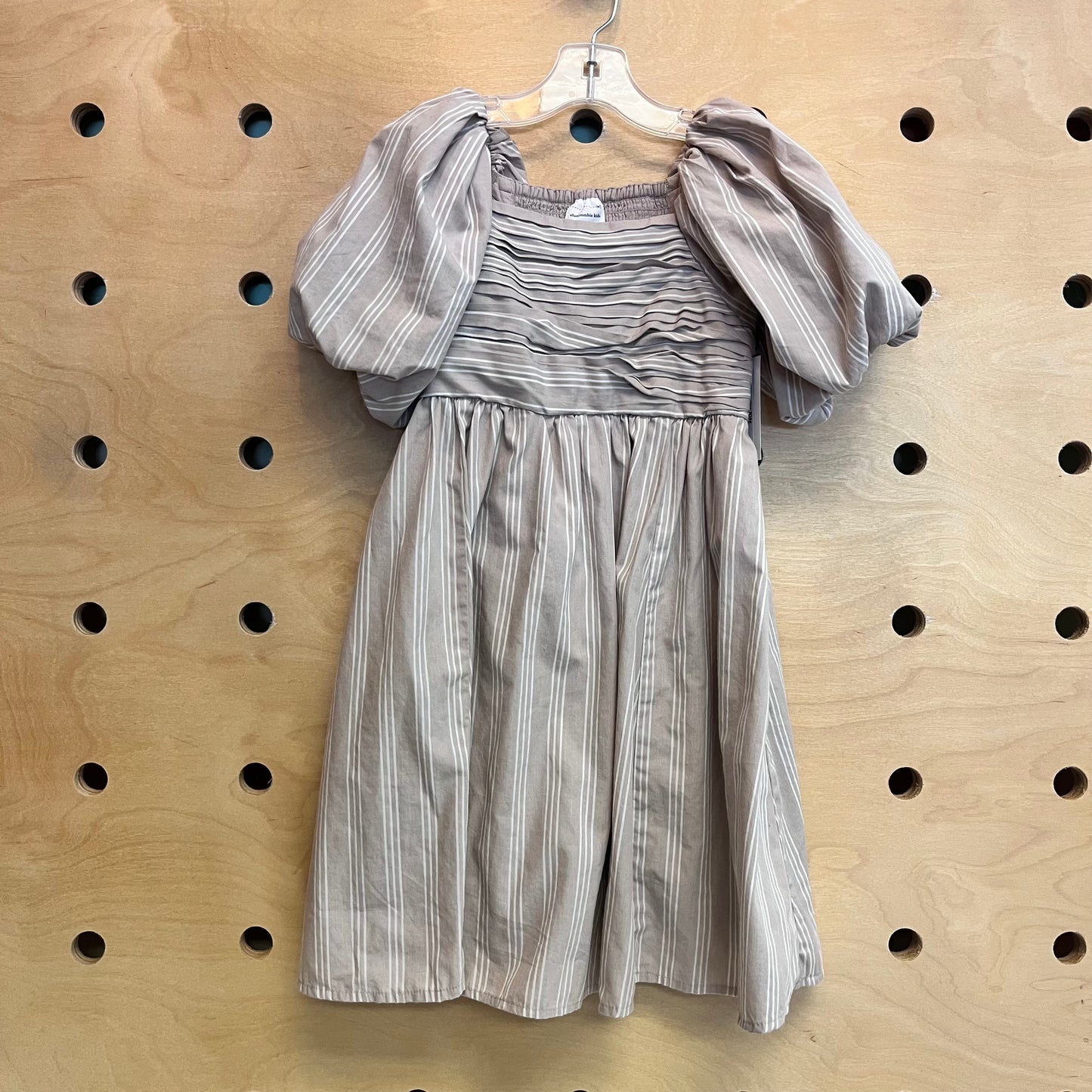 Beige Striped Puff Sleeve Dress