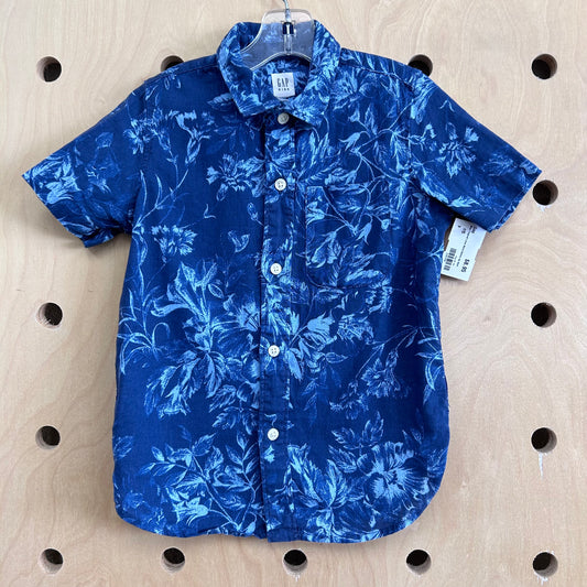 Blue Tropical Linen Blend Button Up Shirt