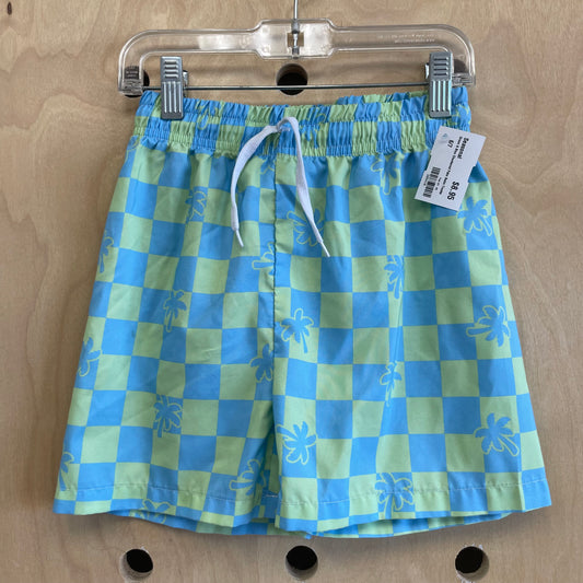 Green & Blue Checkered Palm Swim Trunks