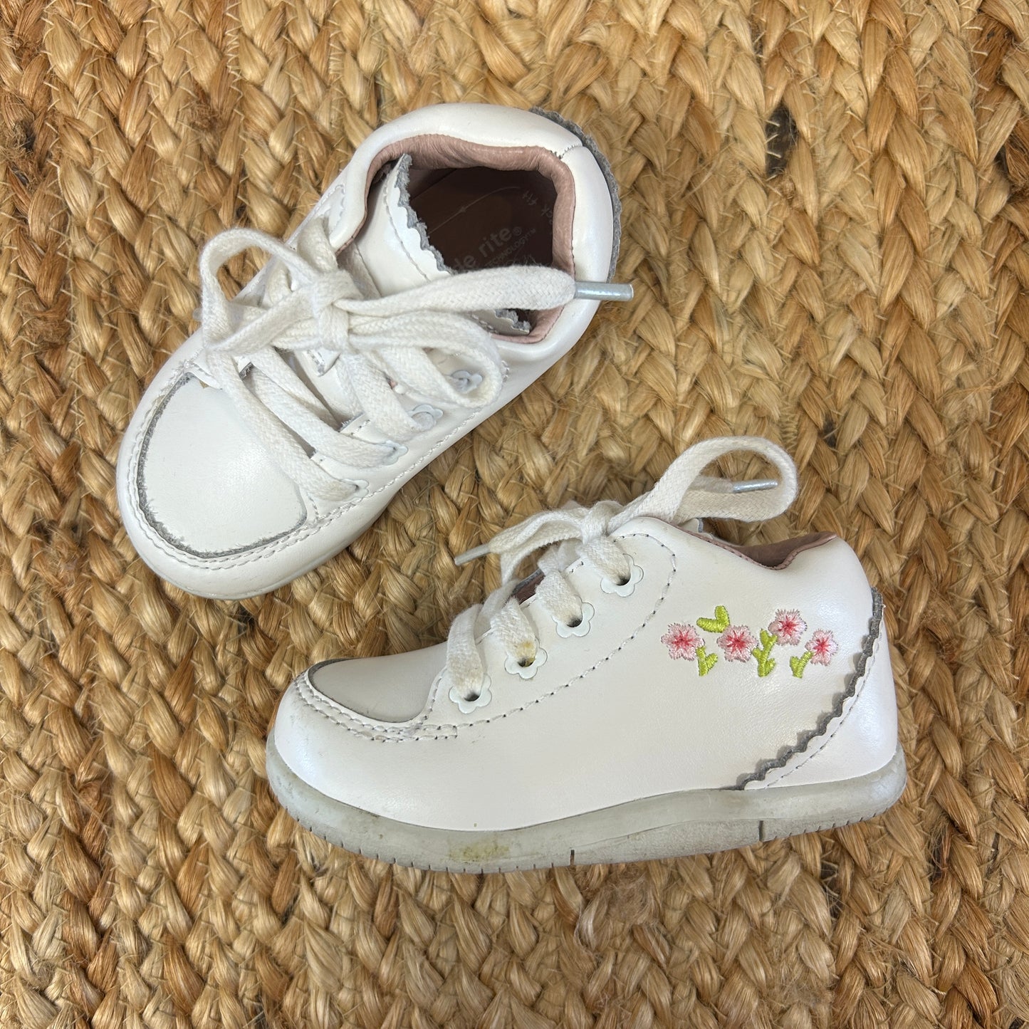 White & Embroidered Flower Leather Sneakers