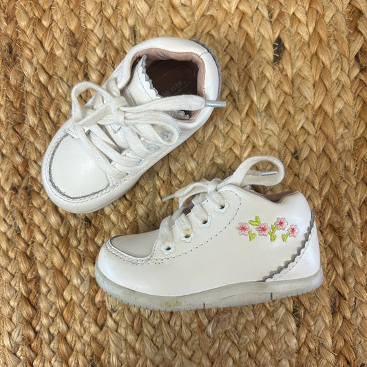 White & Embroidered Flower Leather Sneakers