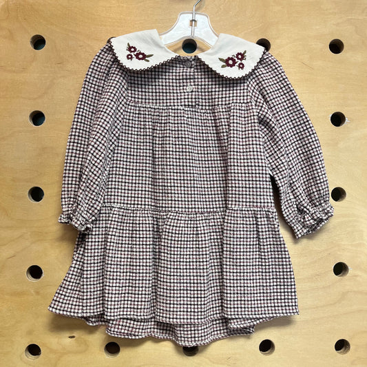 Burgundy Gingham Floral Collar Dress
