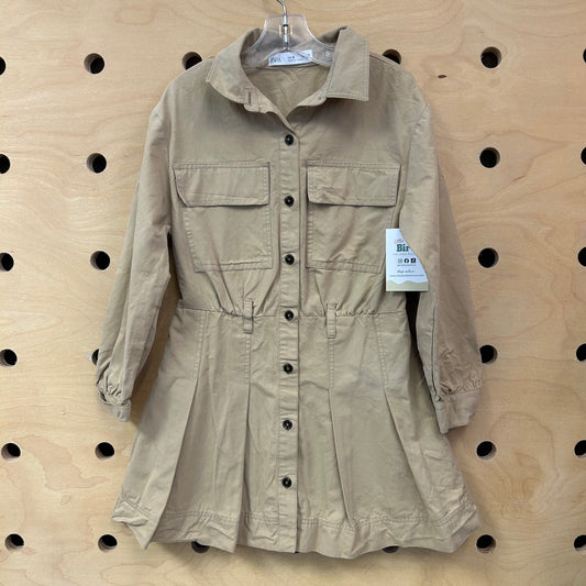 Tan Pleated Button Up Dress