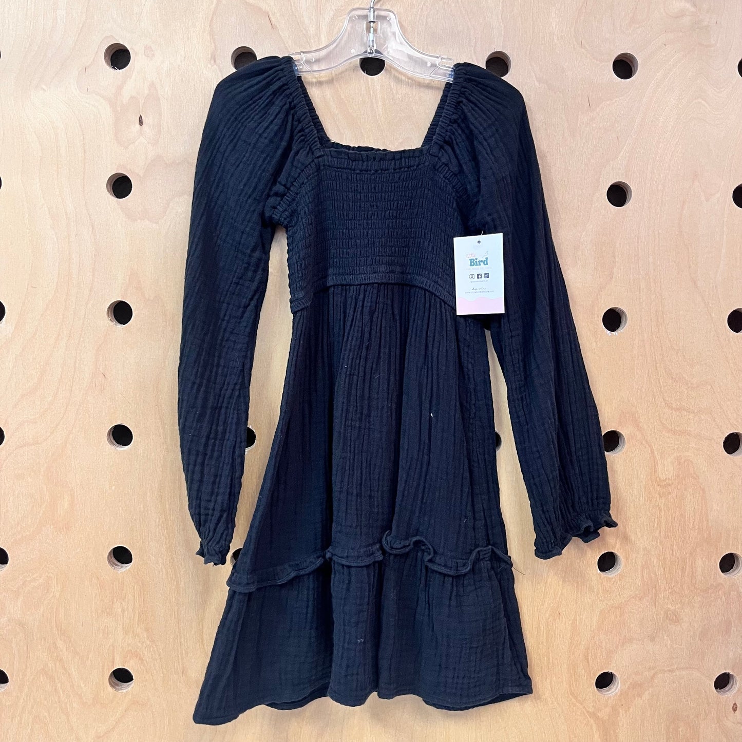 Black Smocked Gauze Dress