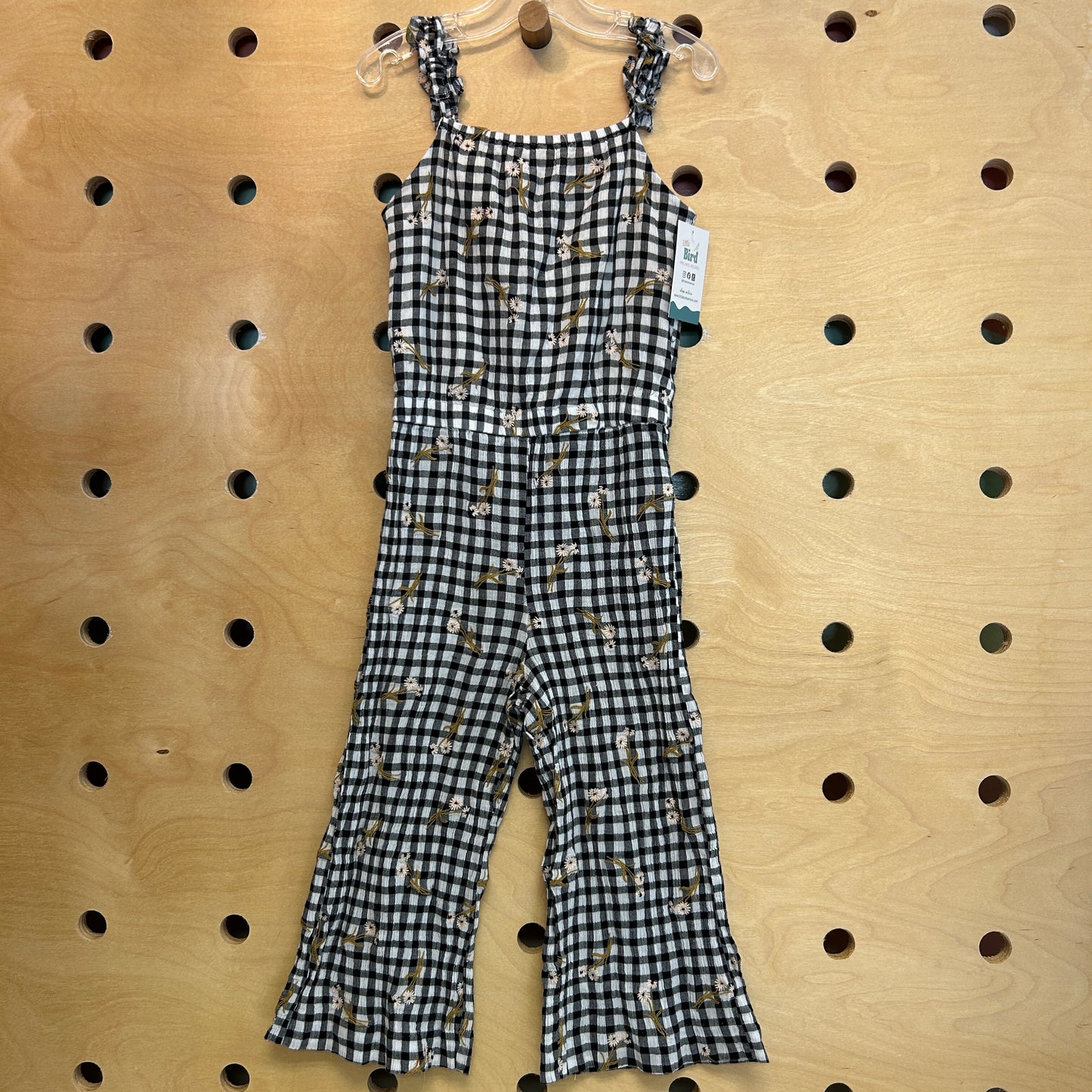 Black Gingham Embroidered Floral Romper