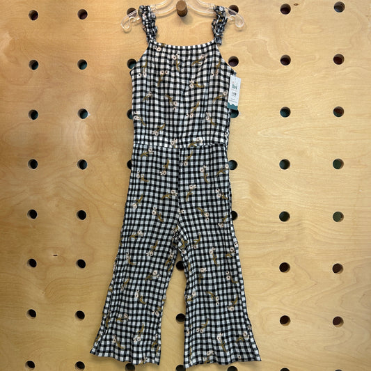 Black Gingham Embroidered Floral Romper