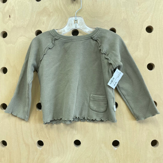 Green Waffle Knit Lettuce Hem Long Sleeve