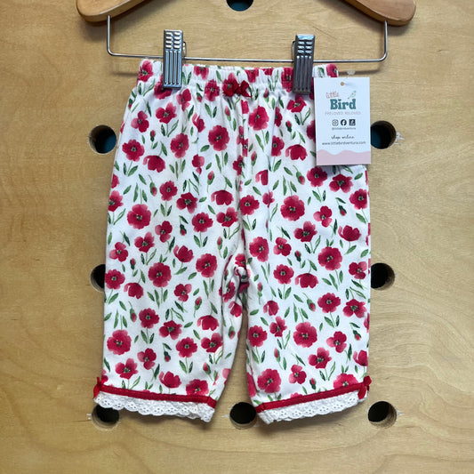 White/Red Floral Lace Trim Pants