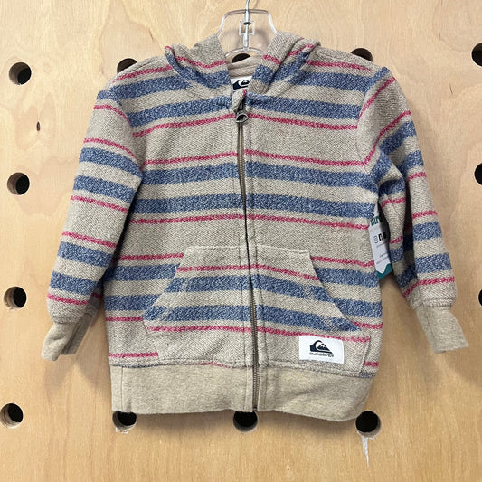 Beige Striped Knit Zip Hoodie