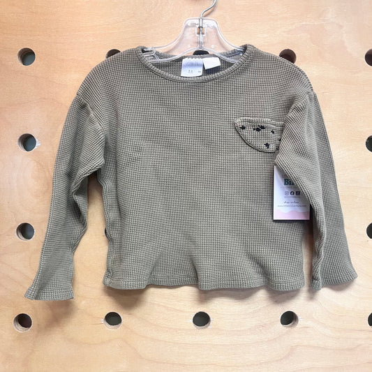 Green Waffle Knit Pocket LS