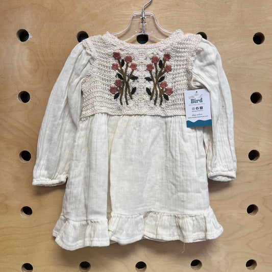 Eggshell Embroidered Floral Knit Dress