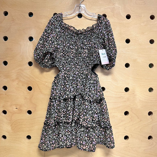 Black Floral Smocked Chiffon Dress