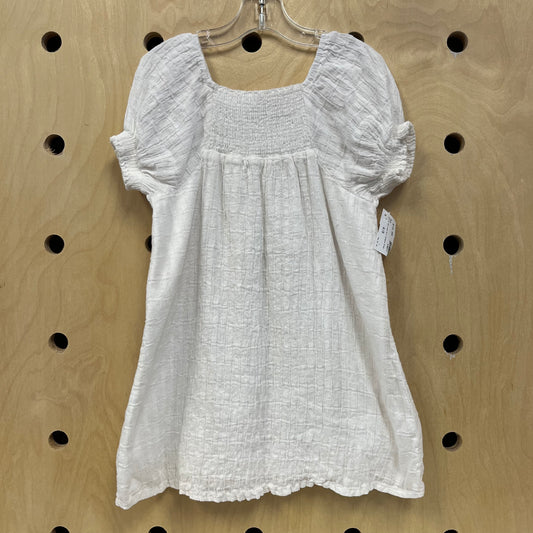 White Shirred Puff Sleeve Dress