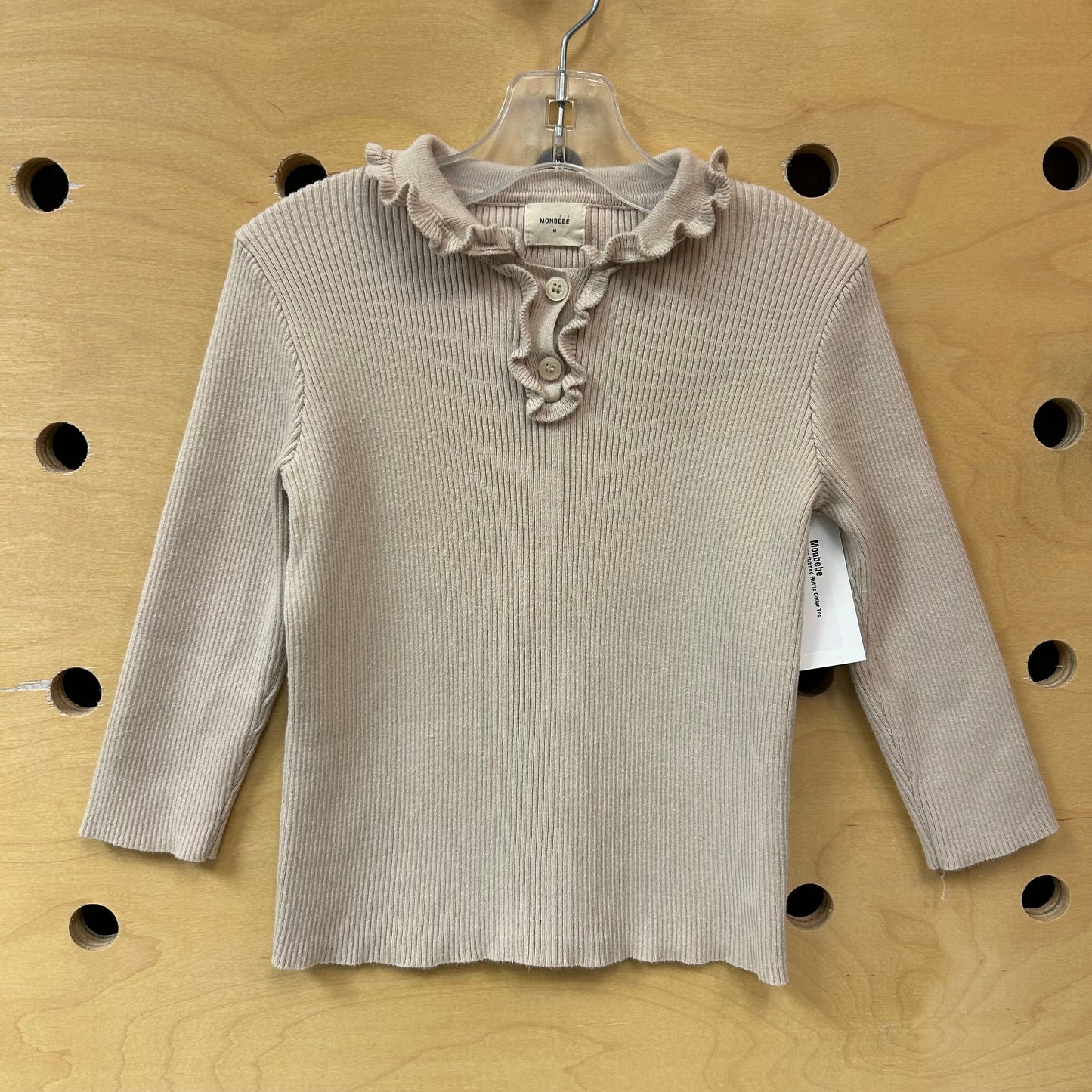 Beige Ribbed Ruffle Collar Top