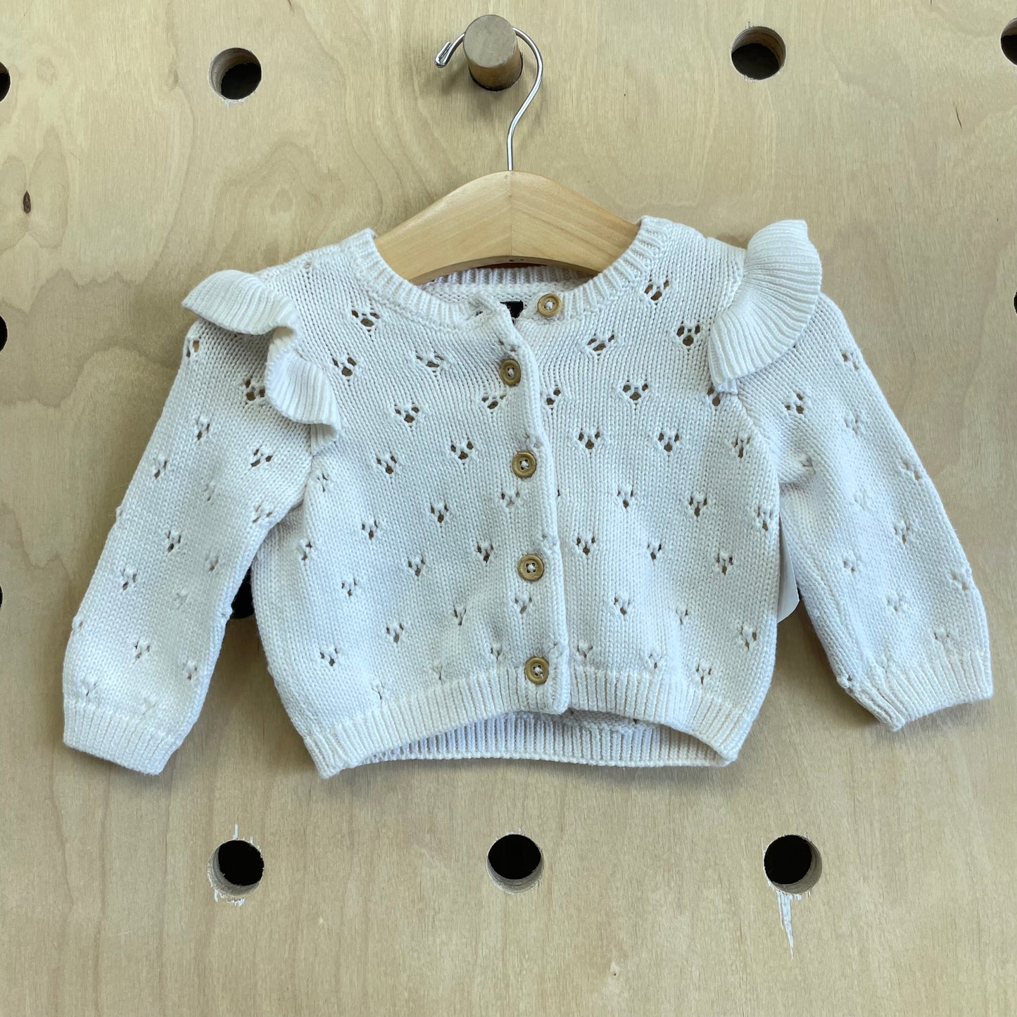 White Pointelle Ruffled Button Up Sweater