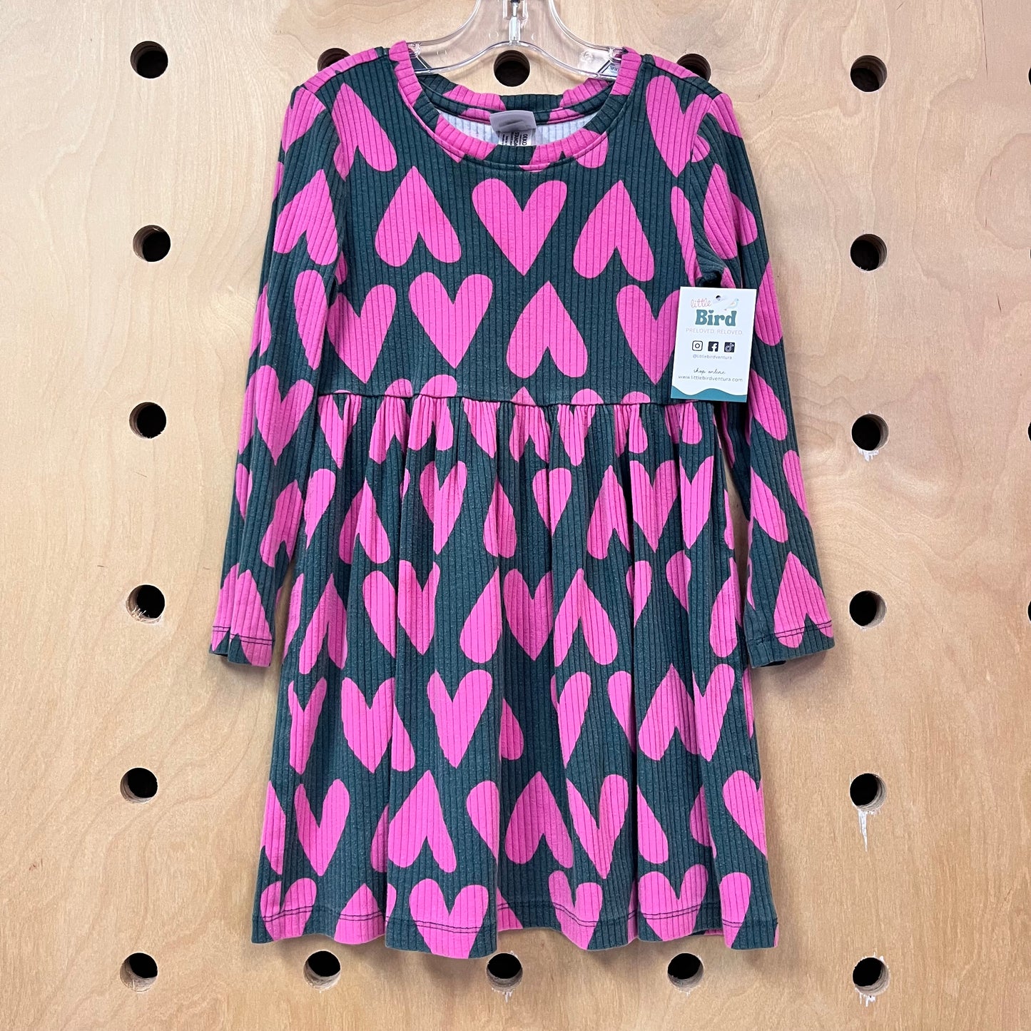 Grey + Pink Hearts Ribbed Dress