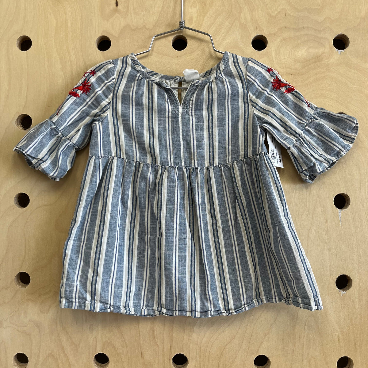 Blue & White Striped Red Embroidered Sleeve Dress