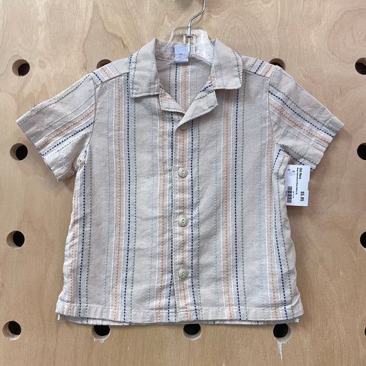 Beige Embroidered Stripe Button Up