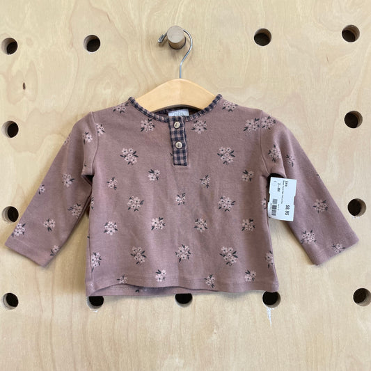 Brown Floral Plaid Trim Top