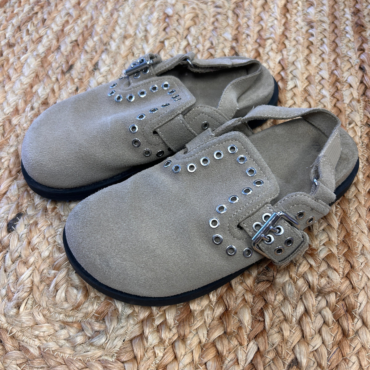 Tan Suede Studded Buckle Clogs