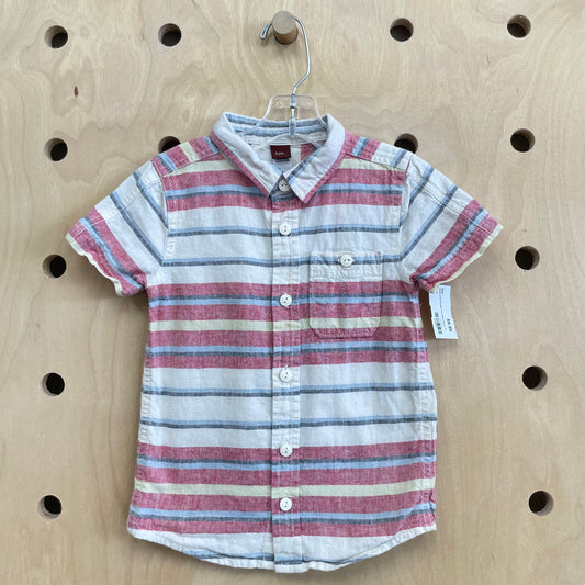 Cream & Red Striped Linen Blend Button Up