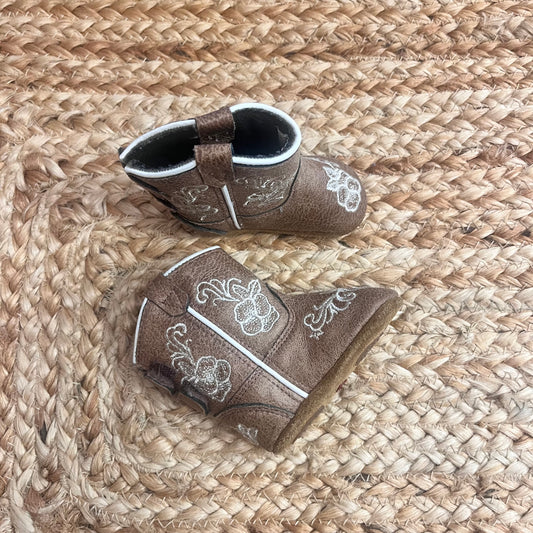 Brown Floral Embroidery Cowgirl Booties