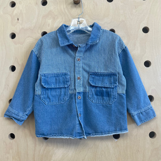 Mixed Print Denim Button Up