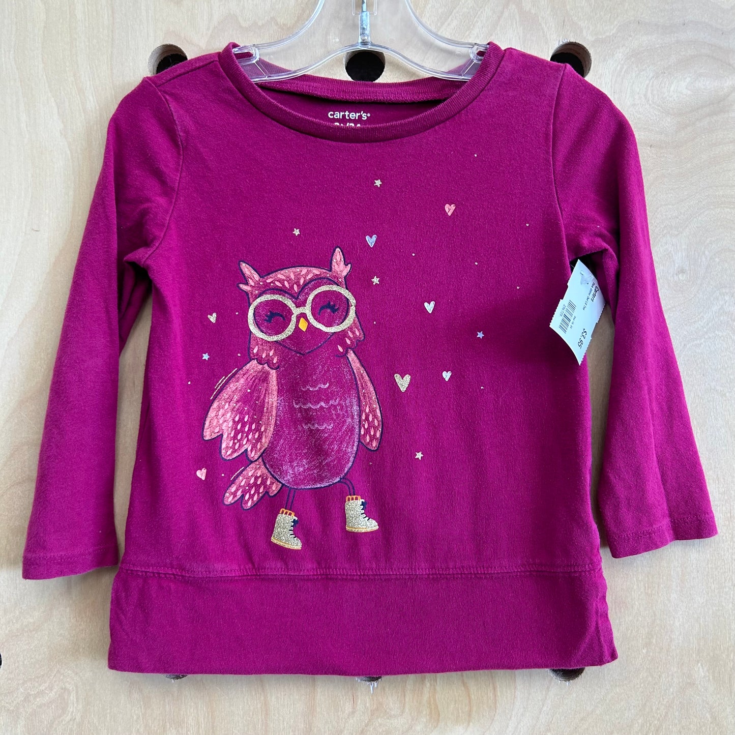 Pink Glitter Owl LS Tee