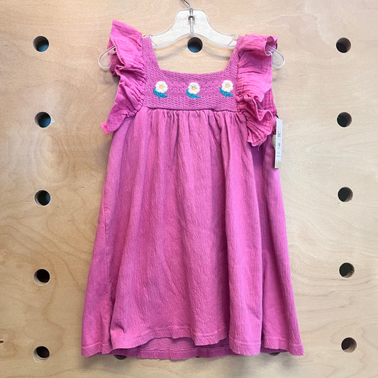 Pink Textured Embroidered Daisies Dress