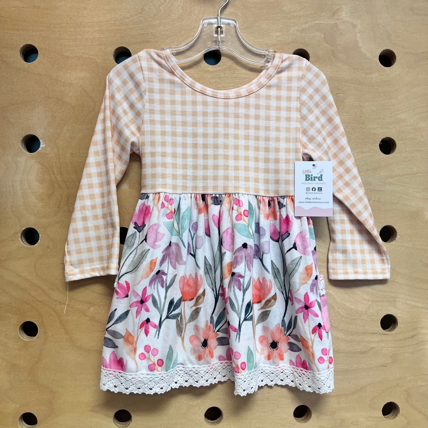 Checkered & Floral Lace Trim Dress