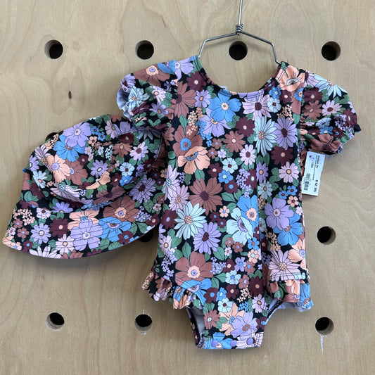 Black Floral Swimsuit & Hat NEW!