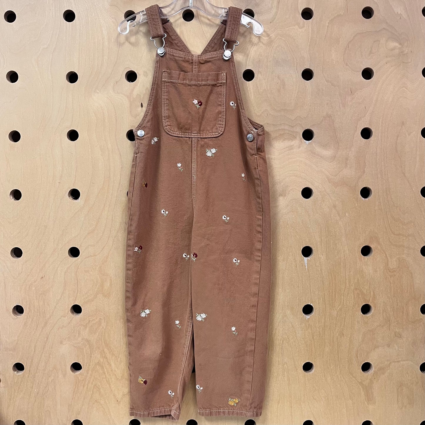 Brown Floral Embroidered Overalls