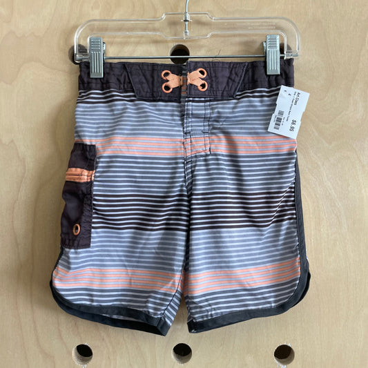 Grey + Peach Striped Swim Trunks