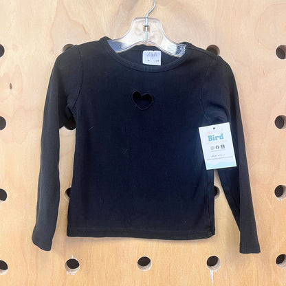 Black Ribbed Heart Cutout LS