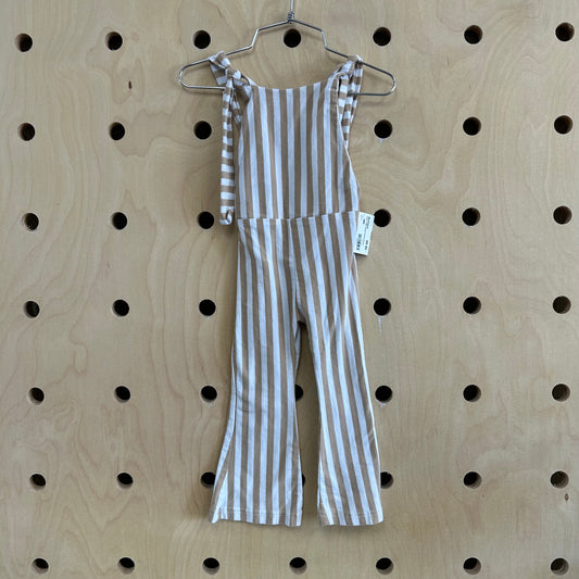 Beige & White Striped Pinafore Romper