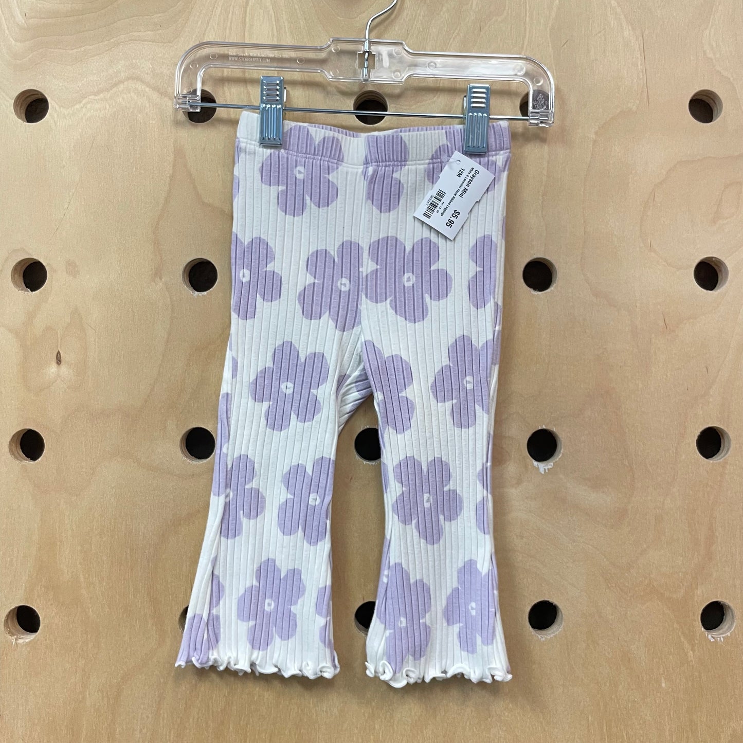 White & Lavender Floral Ribbed Leggings