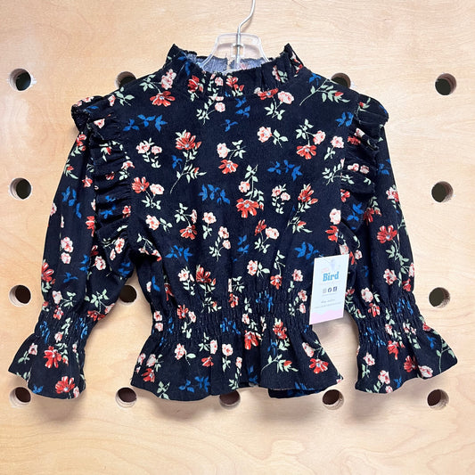 Black Floral Smock Waist LS