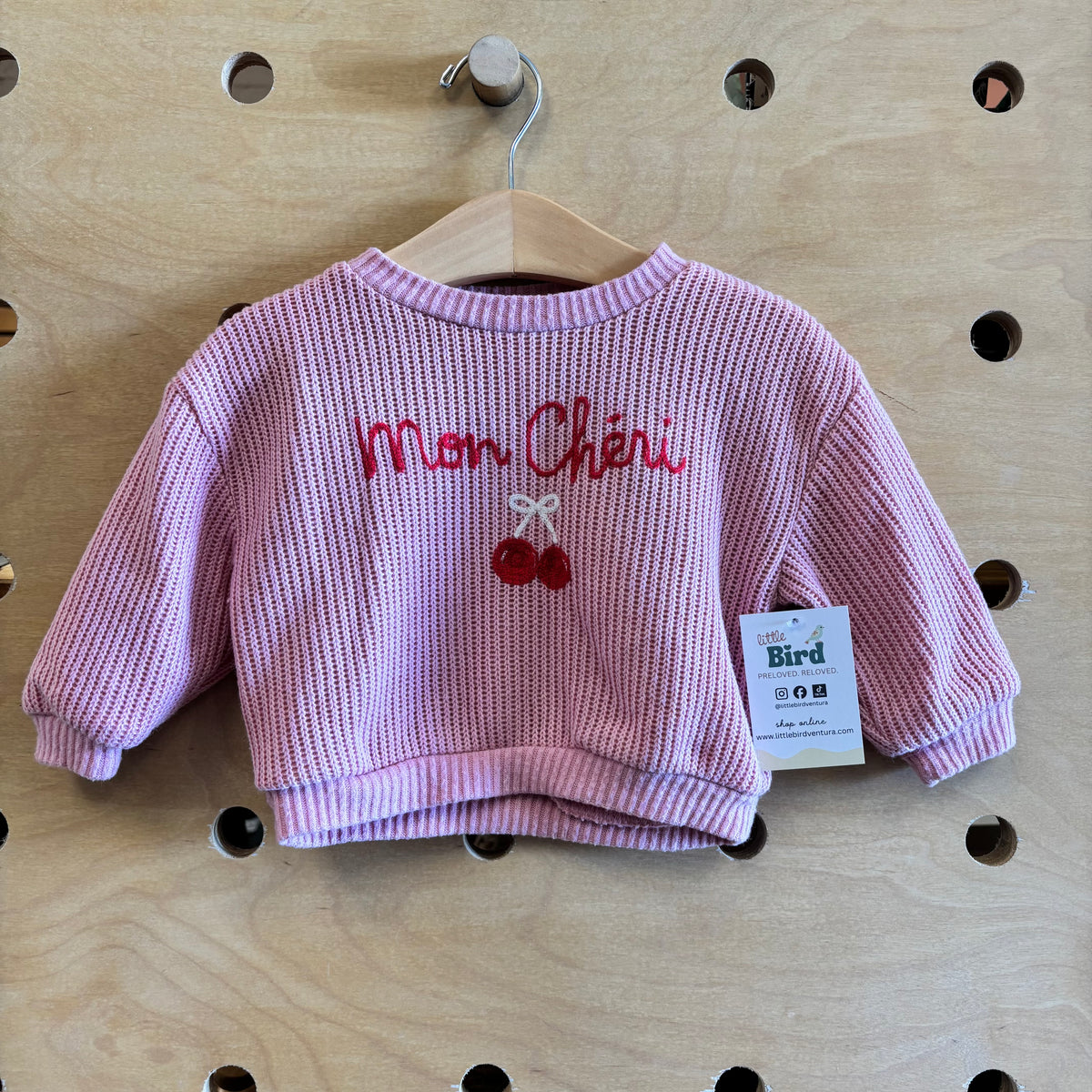 Pink Knit Embroider 'Mon Cheri' Sweater