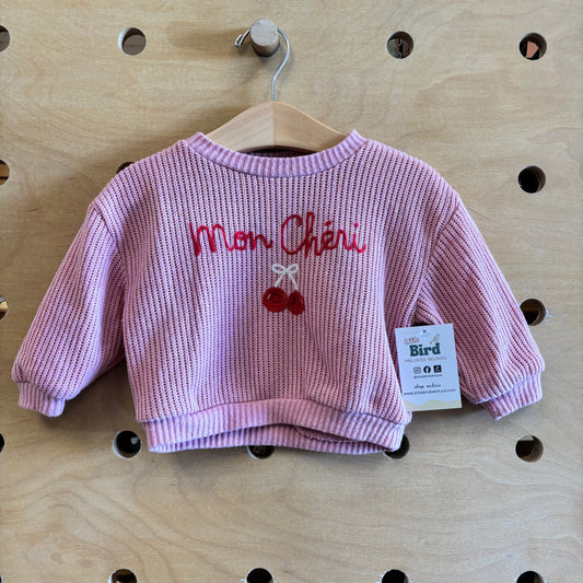 Pink Knit Embroider 'Mon Cheri' Sweater