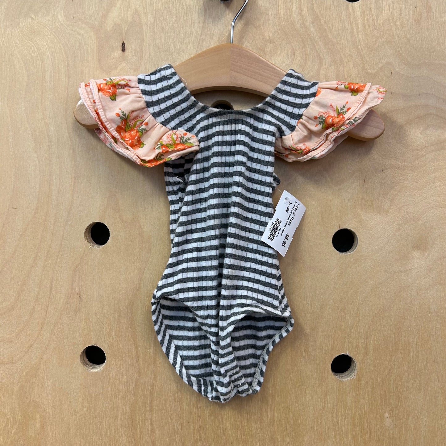 Striped Floral Sleeve Ribbed Bodysuit