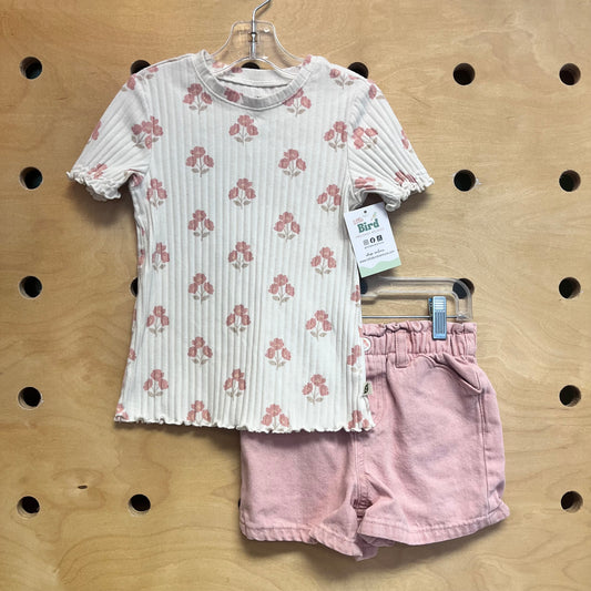 White/Pink Floral Ribbed Tee/Shorts